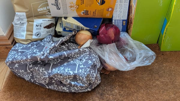 A horrid photo showing a bag of onions on a doormat, the onions spewing out. One red onion looks awful. There's also a bag of coffee beans, a box of porridge, and some other boxes.
