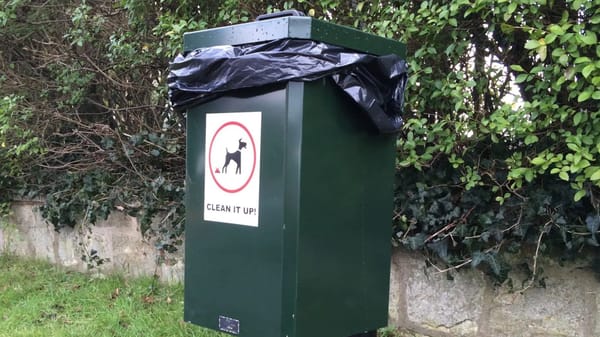 A green dog poop bin with the words "Clean it up" written under a drawing of a dog stood next to a poo.